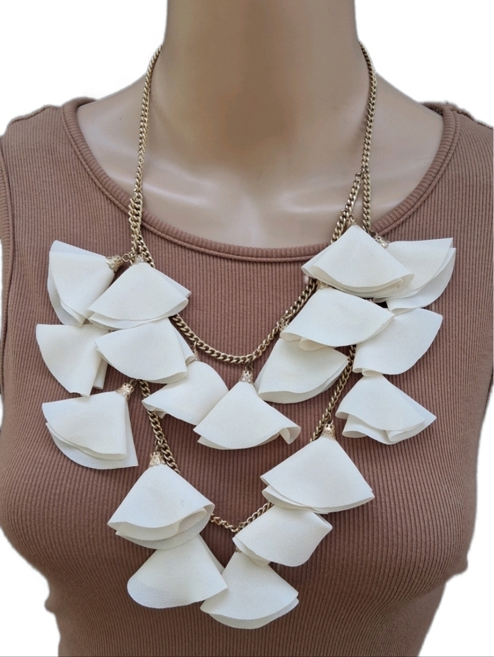 Natasha Chiffon Petal Statement Necklace Gold Tone Cream Ivory Tiered Floral